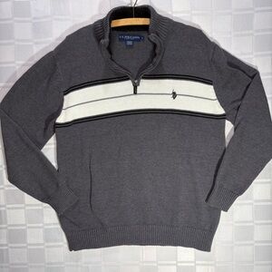 U.S. Polo Assn. Men's Zip-Up Sweater in Gray White Stripes Sherpa lined collar